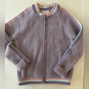 Lulurain Girls Lavender Fuzzy Zip Up Jacket, Pastel Striped Trim, Size 10